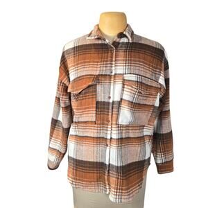 12th Tribe Womens S/M Brown Plaid Wool Blend Shacket Oversized Flannel‎ Jacket
